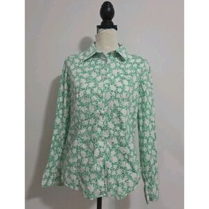 Talbots Size S Green White Floral Print‎ Button Up Long Sleeve Cotton St Paddys